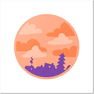 An orange sunset mit purple houses abstract design in a circle (round) Posters and Art